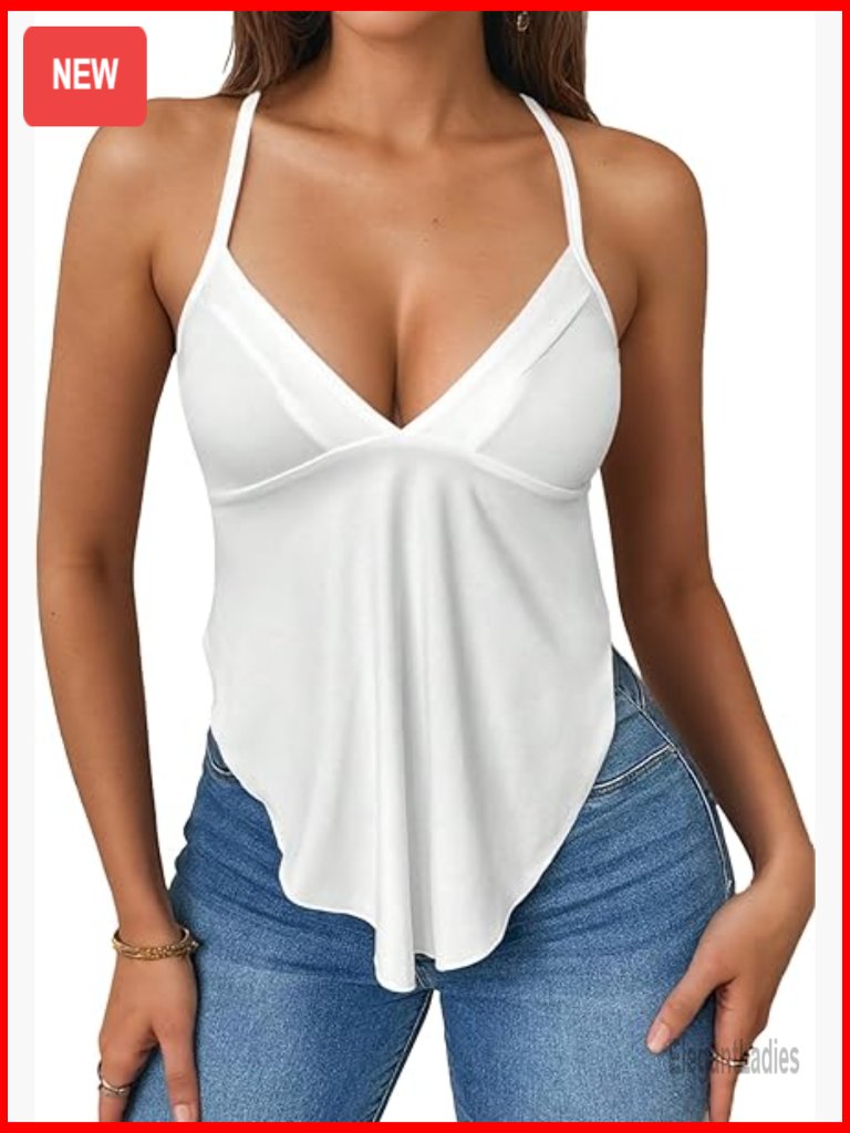 Backless Tie Back Tank Top Criss Cross Deep V Neck Spaghetti Strap Sleeveless